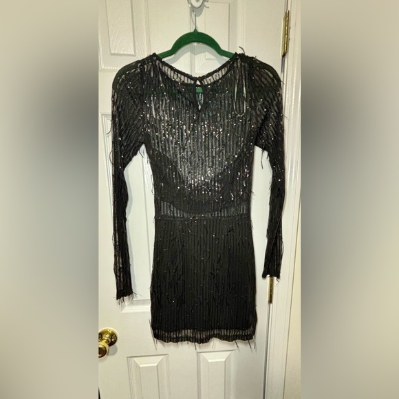 NWT LULUS SZ S BLACK Sheer Fascination Mesh Sequin Fringe Mini Dress - Picture 6 of 10